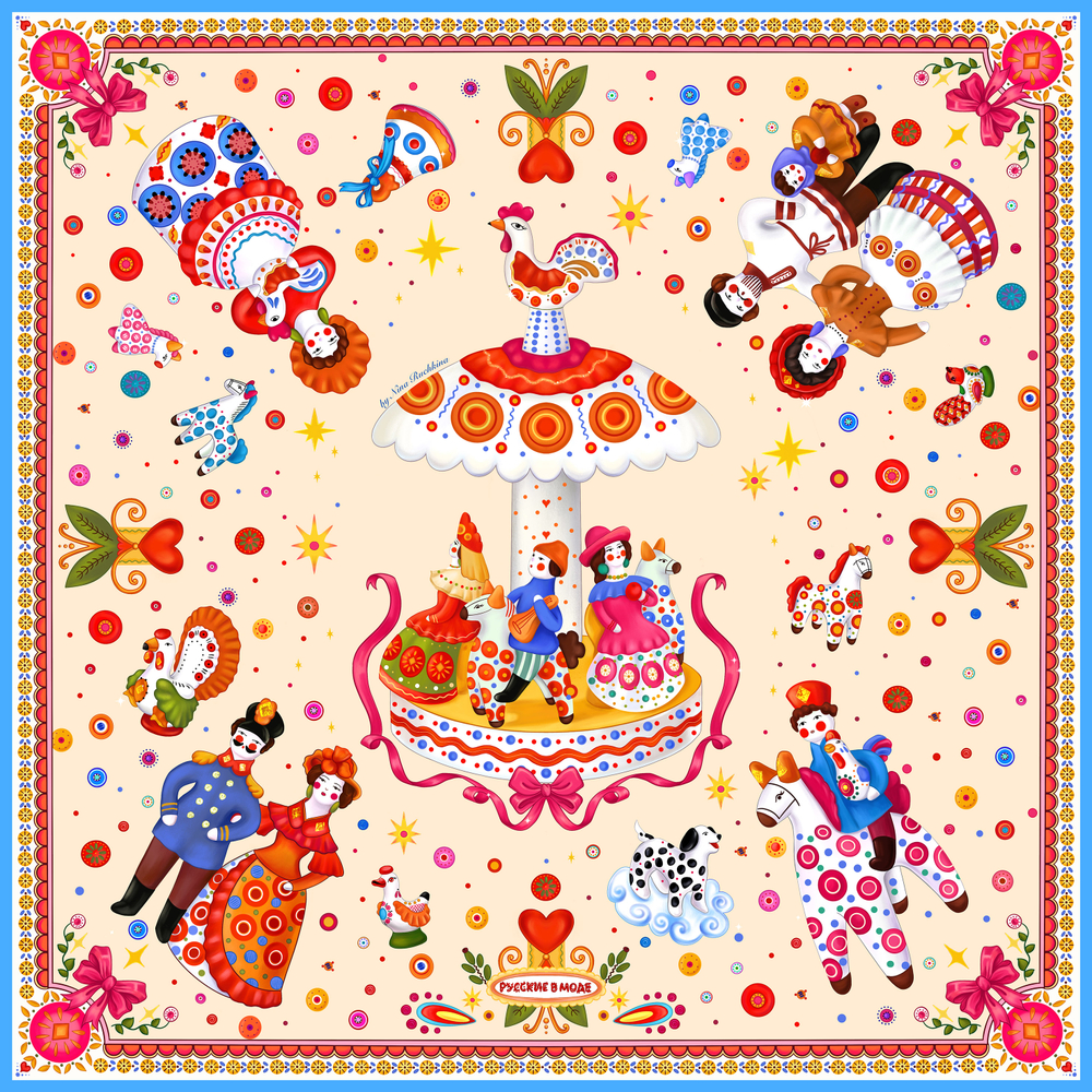 Платок «Дымковская игрушка» 100% шелк