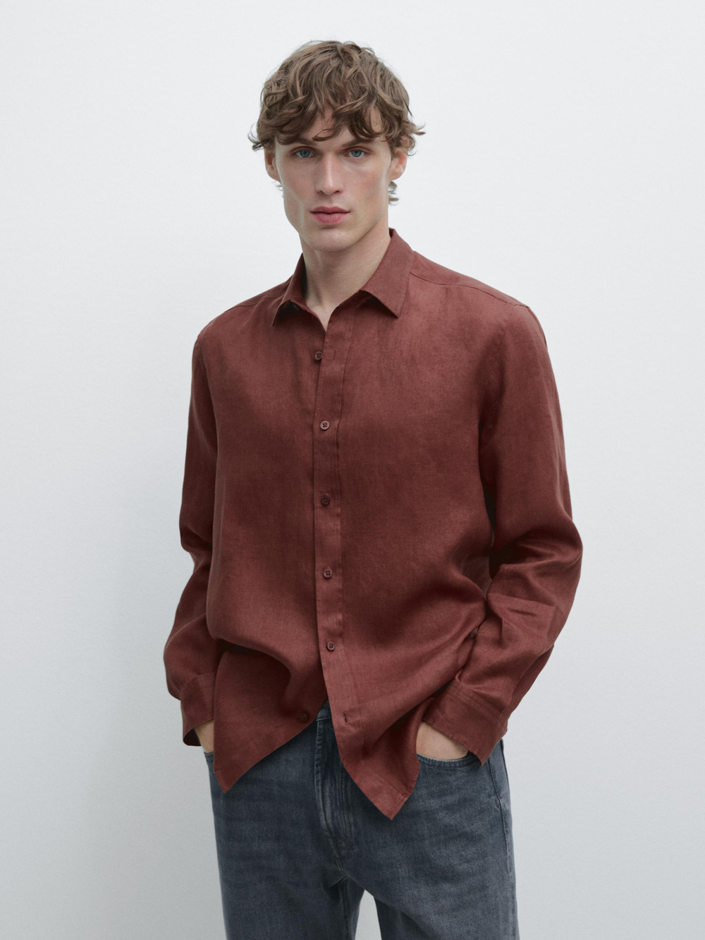 Massimo Dutti Рубашка приталенного кроя из 100% льна, терракотовый