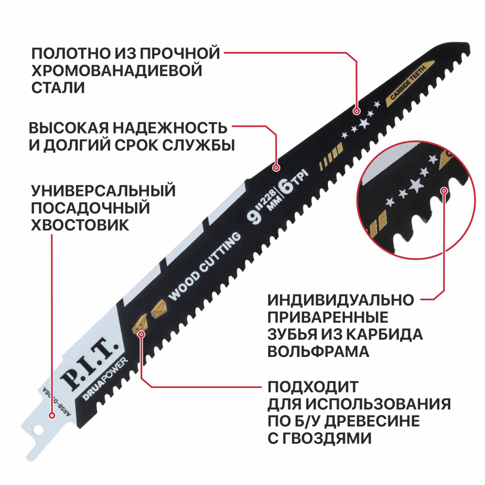 Полотно для сабельной пилы с карбидными зубьями P.I.T. DRUA 2 шт, 228х1,3мм, 6 TPI (ARSB-0906A)