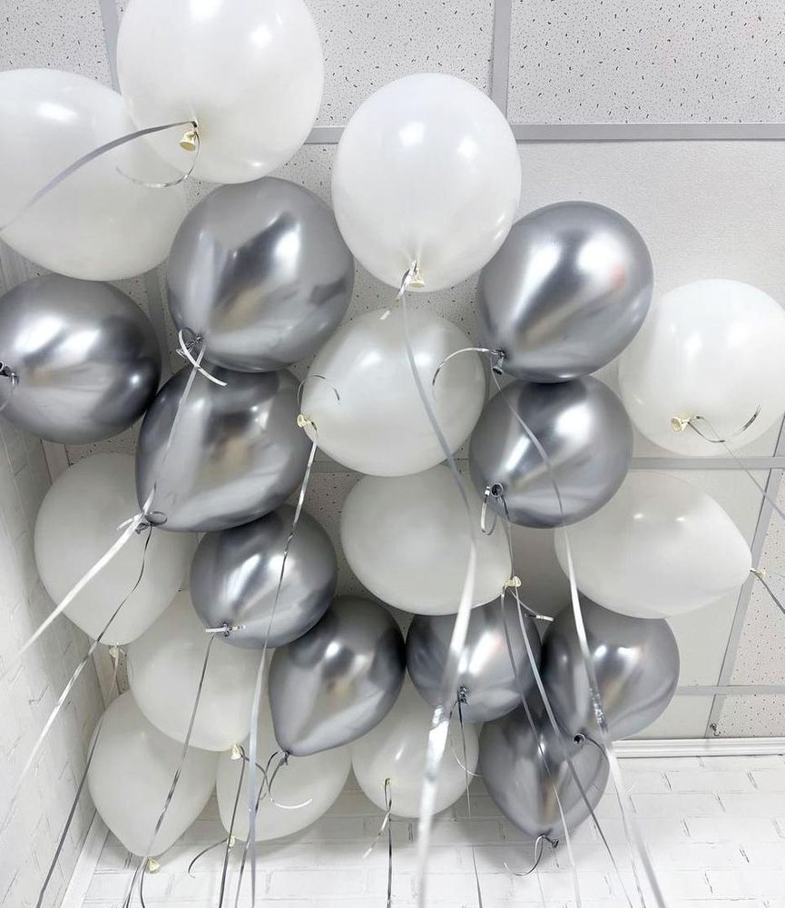 Воздушные шары белые и серебро хром с гелием