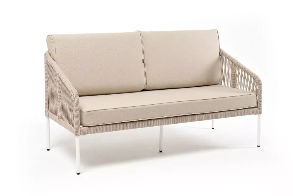 "Канны" диван 2-местный плетеный из роупа, каркас алюминий белый муар, роуп бежевый круглый, ткань бежевая 15052