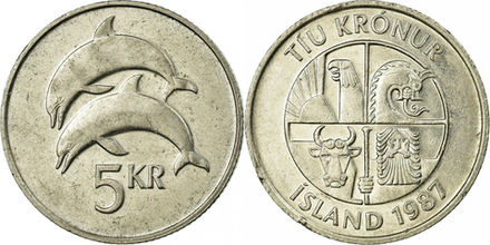 Исландия 5 крон, 1981-1992 Дельфины XF