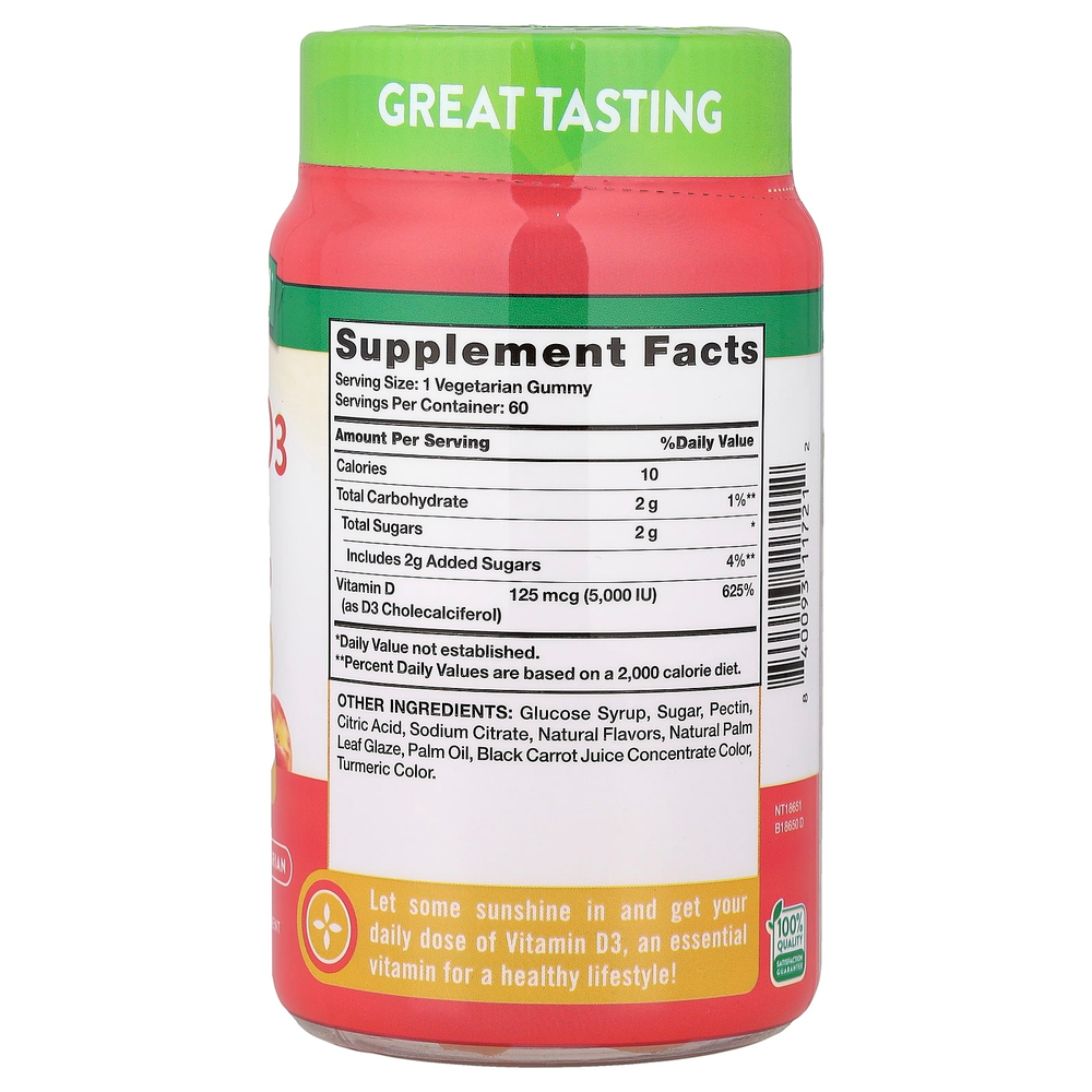 Nature's Truth, витамин D3, высокоэффективный, со вкусом персика, 125 мкг (5000 МЕ), 60 жевательных таблеток
