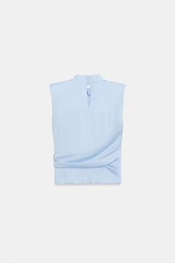 ZARA АТЛАСНЫЙ ТОП С БАНТОМ И ПОДПЛЕЧНИКАМИ, ГОЛУБОЙ