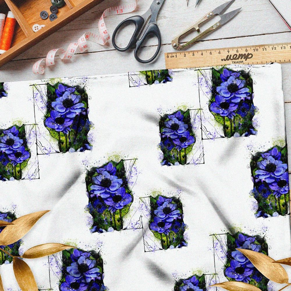 Ткань блэкаут васильки на черных квадратах