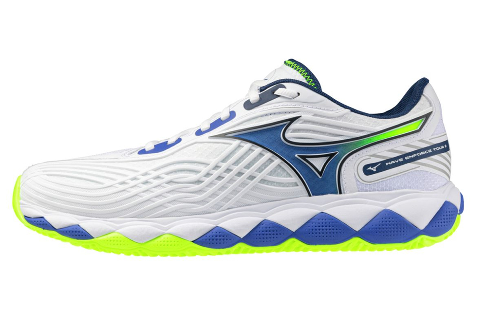 Мужские кроссовки теннисные Mizuno Wave Enforce Tour 2 CC - white/dazzling blue/light yellow