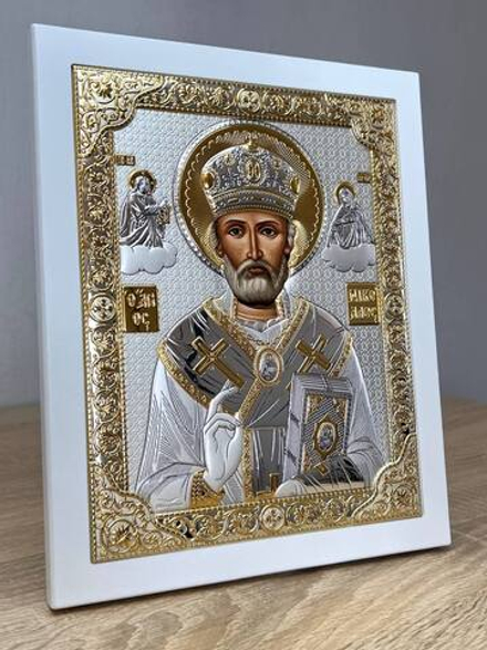 Николай Чудотворец, икона прямоугольная с рамкой, белое дерево 210х260