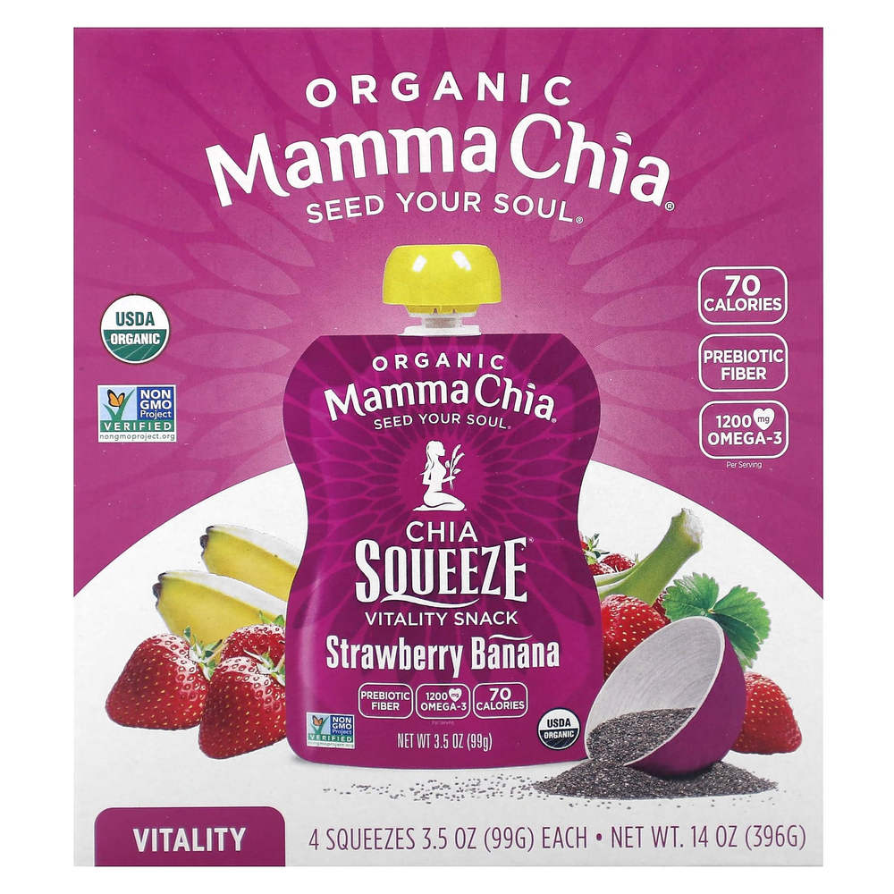 Mamma Chia, органический снек для жизненной силы от Chia Squeeze®, со вкусом клубники и банана, 4 пакетика по 99 г (3,5 унции)