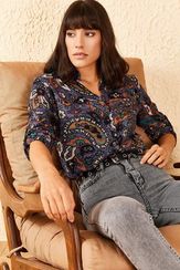 Qadın üçün qolu qatlamalı, rəngbərəng, Etnik Naxışlı Köynək 10041023