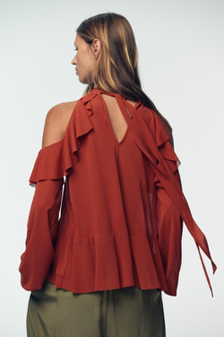 ZARA ТОП ХАЛТЕР С ВОЛАНАМИ, ТЕРРАКОТОВЫЙ