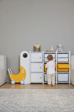 Стеллаж для игрушек UNIX Kids Moon 13 (3 полки + 10 ящиков) желтый/белый