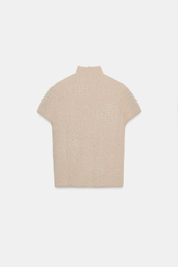 ZARA ТРИКОТАЖНЫЙ ТОП С ЖАТЫМ ЭФФЕКТОМ И БУСИНАМИ, ТЕЛЕСНО-РОЗОВЫЙ