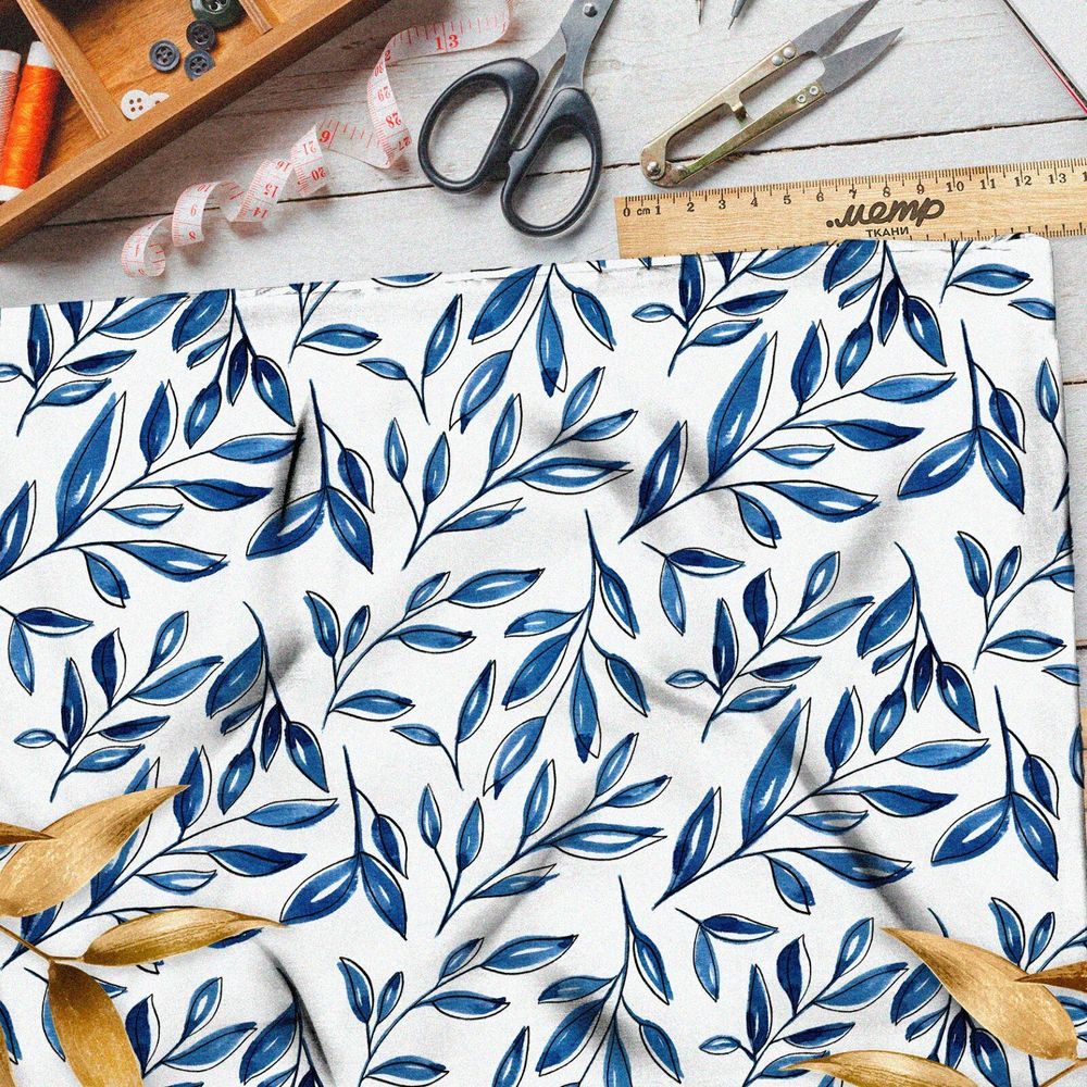 Ткань барби утончённые листья синие