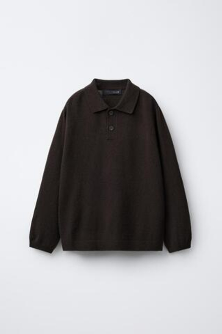 ZARA ПОЛО С ДЛИННЫМИ РУКАВАМИ С ВОРОТНИКОМ НА ПУГОВИЦАХ, ТЕМНО-КОРИЧНЕВЫЙ