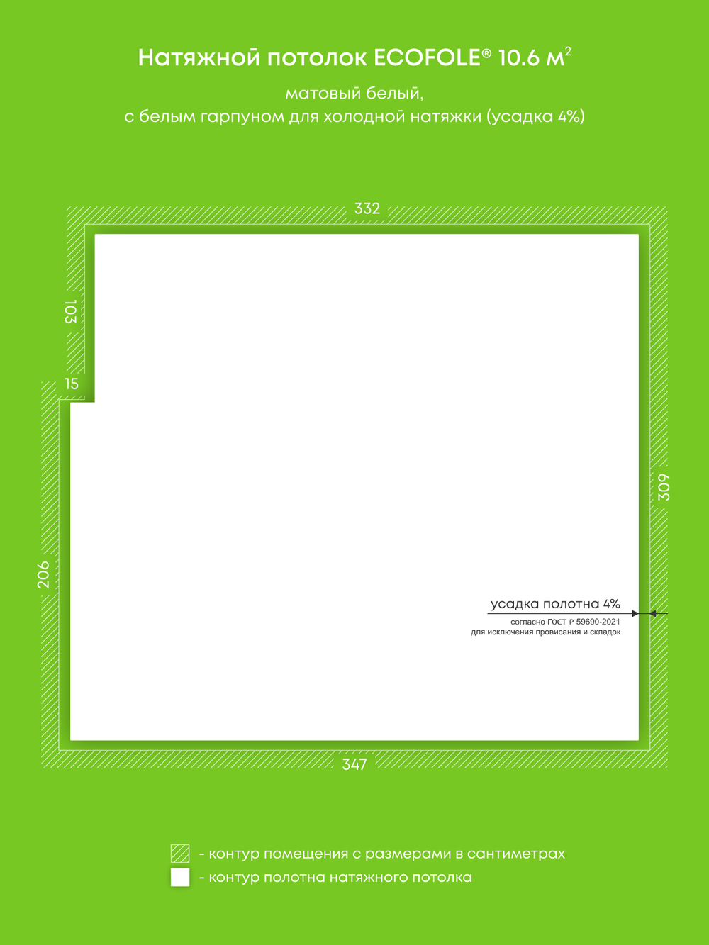 Матовый натяжной потолок 10.6 м2