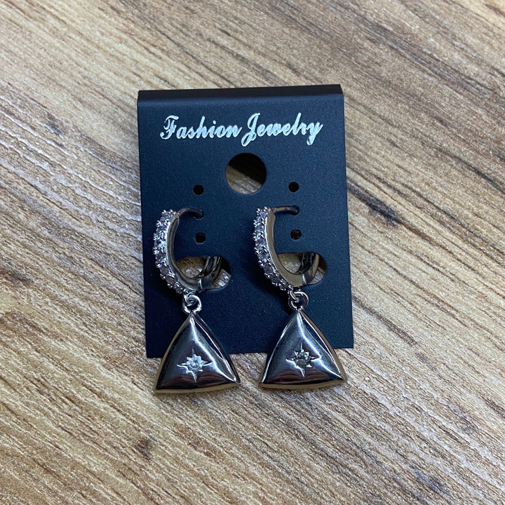 Серьги кольца подвеска треугольник узор сияние стразы металл серебристый