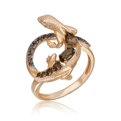Кольцо «Ящерица» из красного золота с кварцем дымчатым