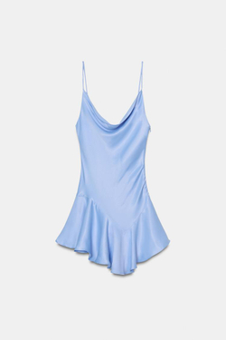 ZARA КОРОТКОЕ АТЛАСНОЕ ПЛАТЬЕ С АСИММЕТРИЧНЫМ НИЗОМ, НЕБЕСНО-ГОЛУБОЙ