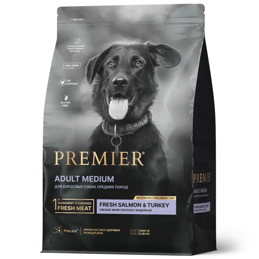 Сухой корм Premier Dog Salmon&Turkey Adult Medium для собак средних пород из свежего филе лосося с индейкой