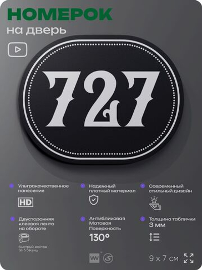 Номерок на дверь квартиры 727, для кабинета, офиса, шильдик 9 х 7 см, черный, Айдентика Технолоджи