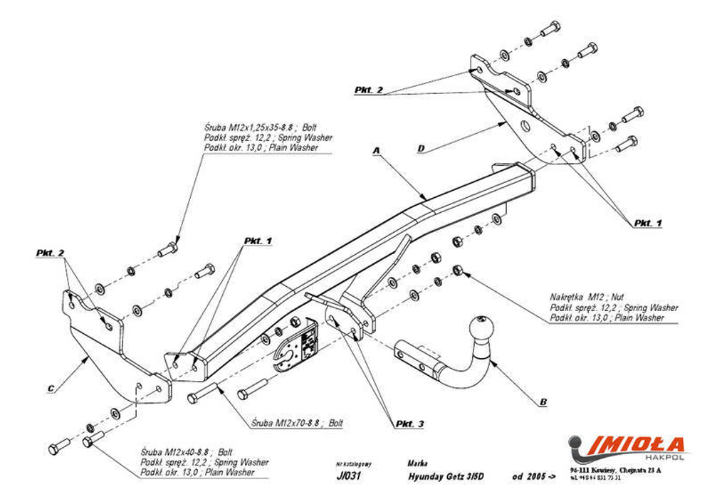 Фаркоп IMIOLA J.031 Hyundai Getz хетчбек 3/5 дверей 2005-2011(паспорт и сертификат в комплекте)(без электрики)