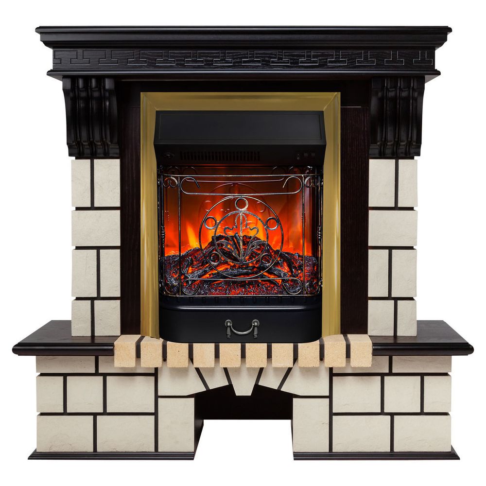 Электрокамин RealFlame Stone STD AO античный дуб с очагом Majestic Lux Brass