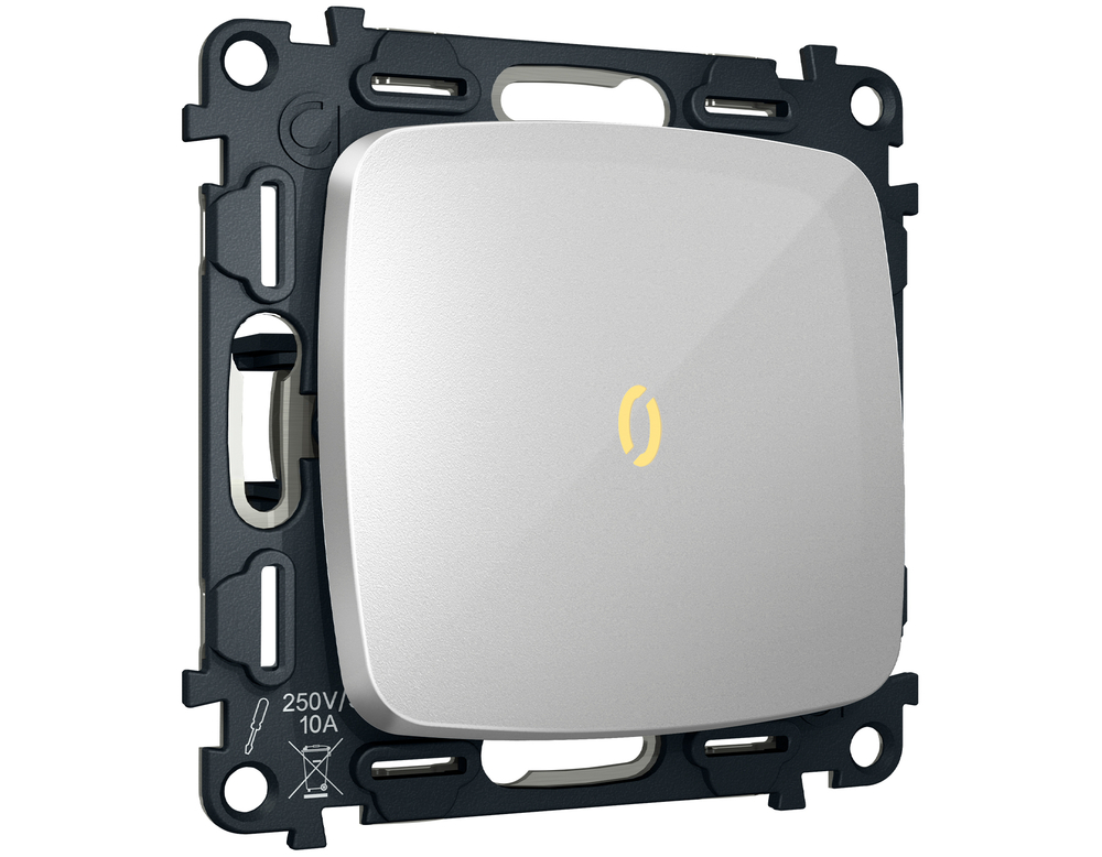 MO402030 Комплект механизма 1-кл проходного выключателя с подсветкой 3200K OMEGA Серебро глянец QUANT (OP4020, VM105, G22Y)