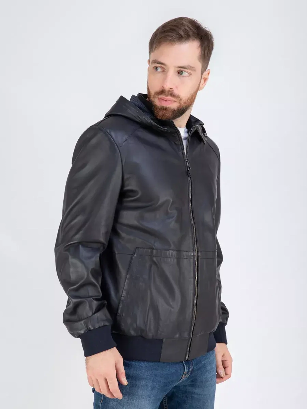 Куртка кожаная демисезонная с капюшоном Турция