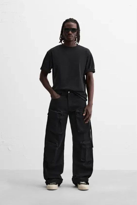 ZARA ДЖИНСЫ КАРГО С КАРМАНАМ, ЧЕРНЫЙ