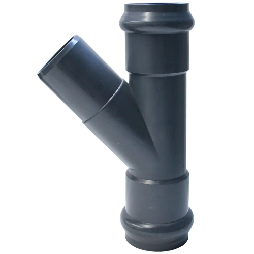 Тройник напорный НПВХ 125 равнопроходной 45° двухраструбный с гладким концом, цвет серый (Россия)