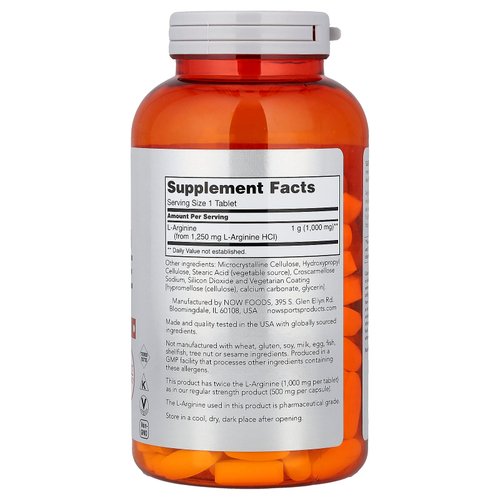 NOW Foods, Sports, L-аргинин, 1000 мг, 180 таблеток