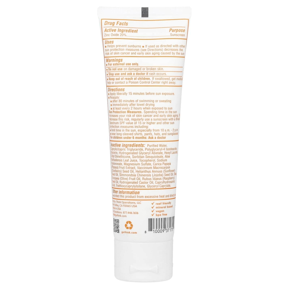 think, Thinkbaby, солнцезащитный крем с цинком, 20%, SPF 30, без отдушек, 89 мл (3 жидк. унции)