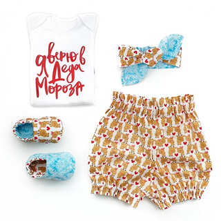 Комплект – боди с новогодней надписью, блумеры, повязка и моксы