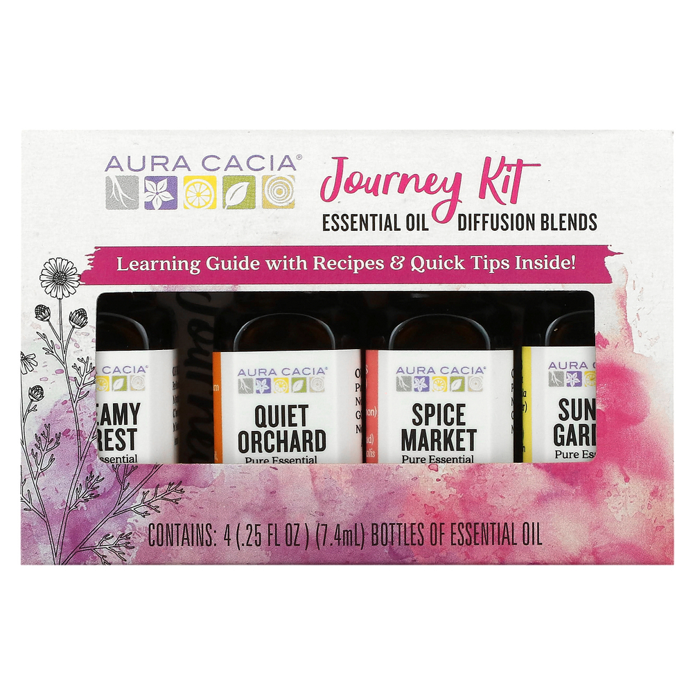 Aura Cacia, Journey To Diffusion Kit, эфирные масла, 4 флакона по 7,4 мл (0,25 жидк. Унции)