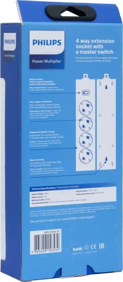 Philips сетевой фильтр 4 Розетки, кабель - 3M белый