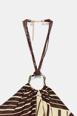 ZARA ТОП С ГОРЛОВИНОЙ ХАЛТЕР И БУСИНАМИ, ЭКРЮ/КОРИЧНЕВЫЙ