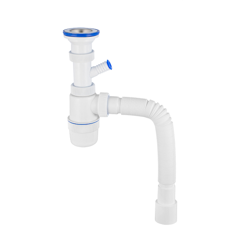 Сифон для мойки, с чашкой д.70мм, смещенный (телескопический), с отводом и гибкой трубой Д-7008