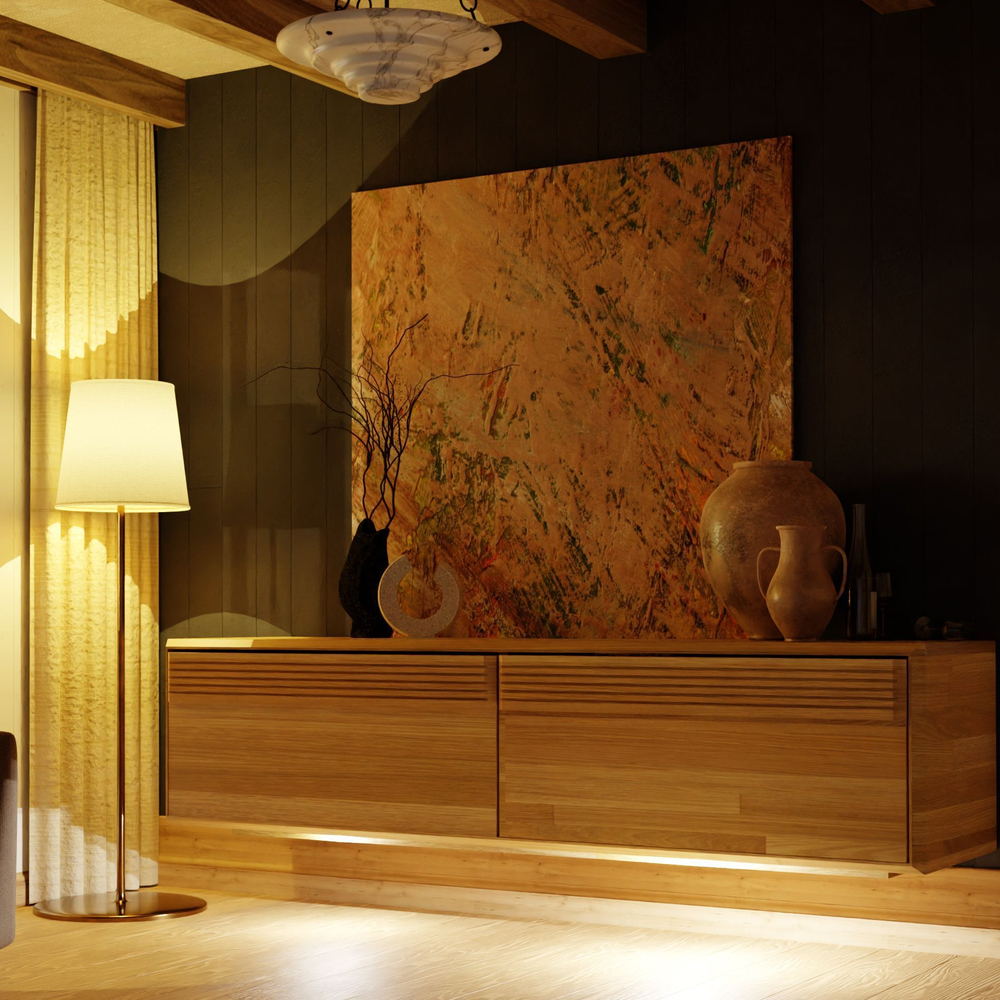 Михаэлла тумба под телевизор из массива дуба премиум качества, с навесной системой, и подсветкой, Беларусь