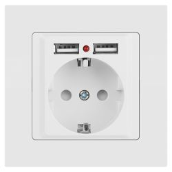 Розетка Intro Accent 6-410-01М с заземлением 2P+E Schuko со шторками 16А-250В + 2хUSB IP20 СУ белый матовый