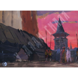 Кетов А. Д. Встреча на закате. Бумага, гуашь, золотая краска. 1950-е. СССР. 29х48 см. Эскиз театраль