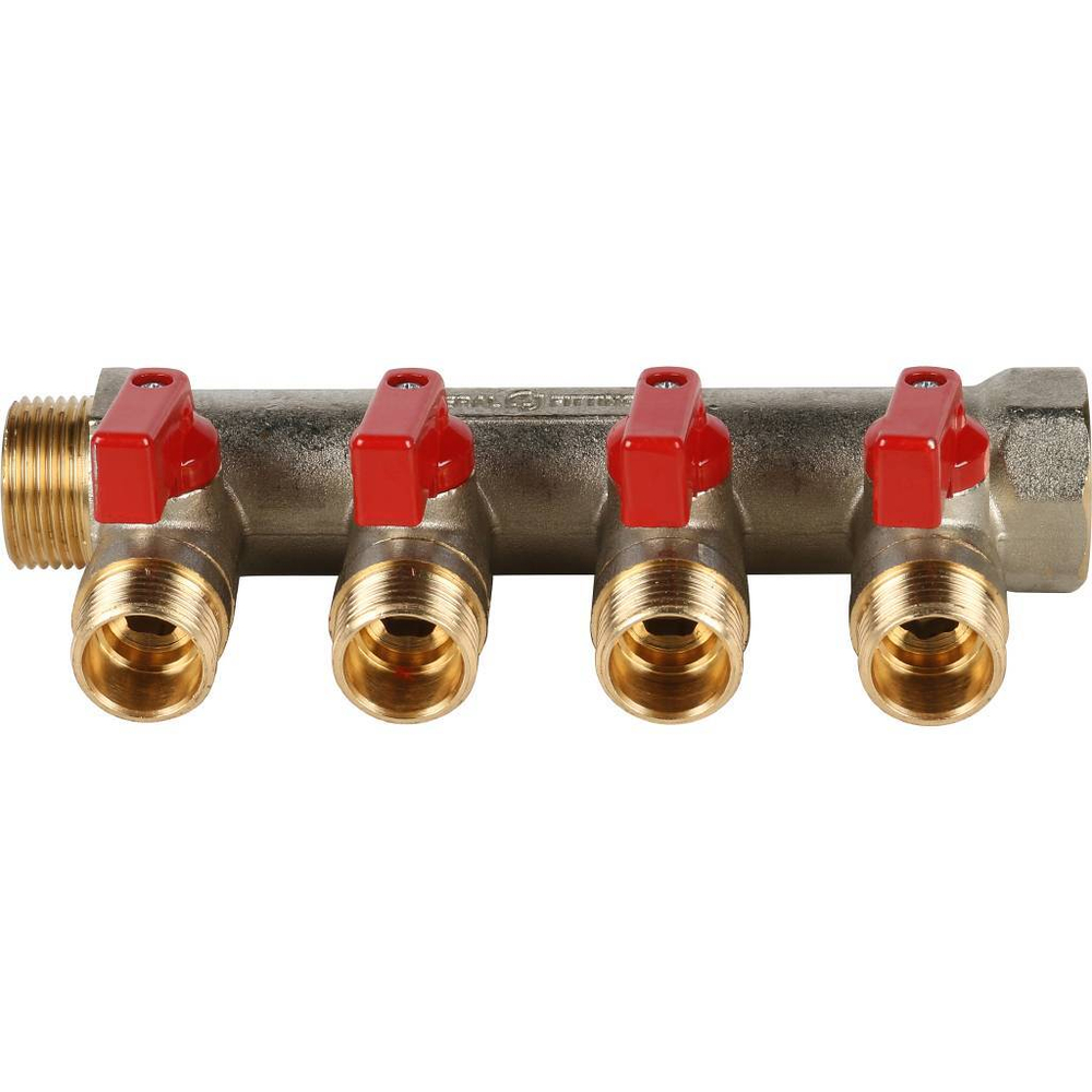 STOUT Коллектор с шаровыми кранами 3/4", 4 отвода 1/2" (красные ручки)