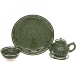 Чайный набор 9 предметов Зеленый (блюдо, чайник, пиала 6шт) Риштанская керамика