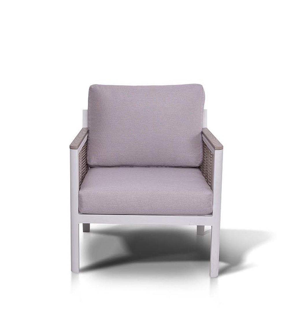 "Сан Ремо" кресло плетеное из роупа садовое, каркас алюминий белый, роуп бежевый, ткань бежевая