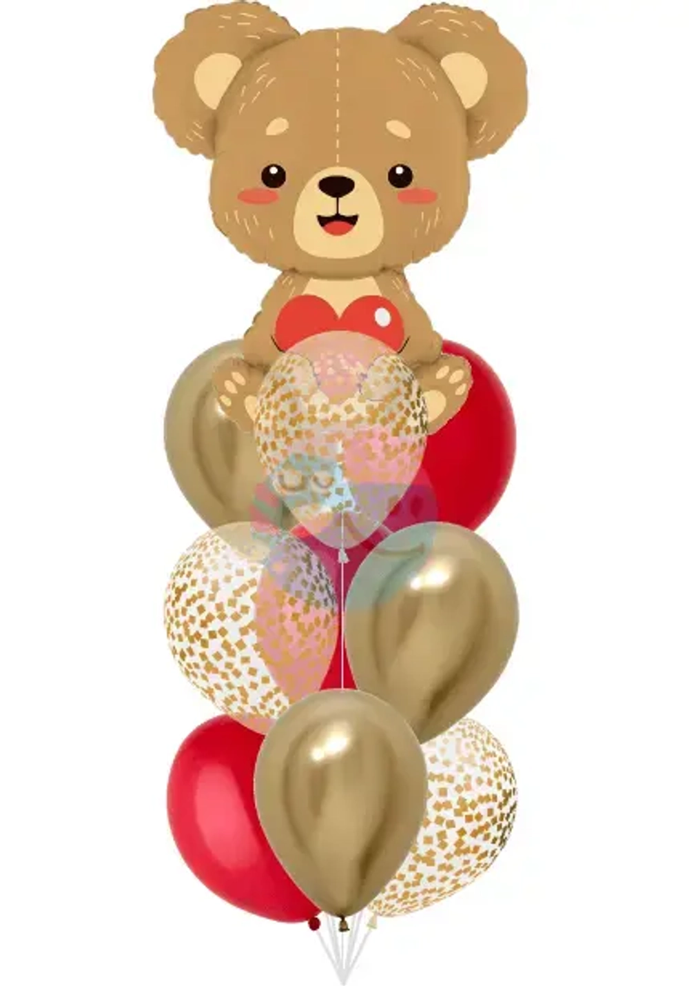 Фонтан «Мишка» из 10 воздушных шаров с гелием (красный, золото)