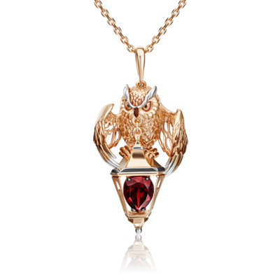 Подвеска «Сова» из красного золота с гранатом и эмалью