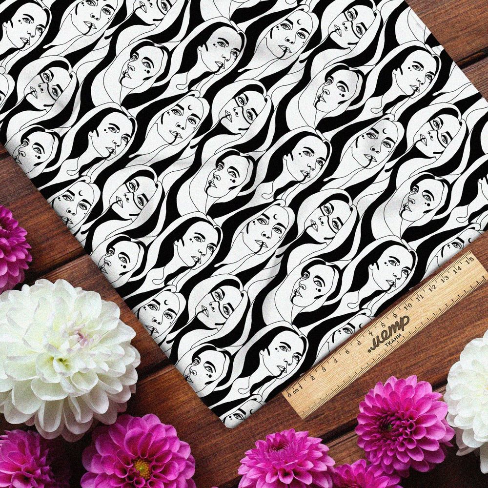 Ткань футер 2-х нитка иллюстрации девушек чёрно-белые