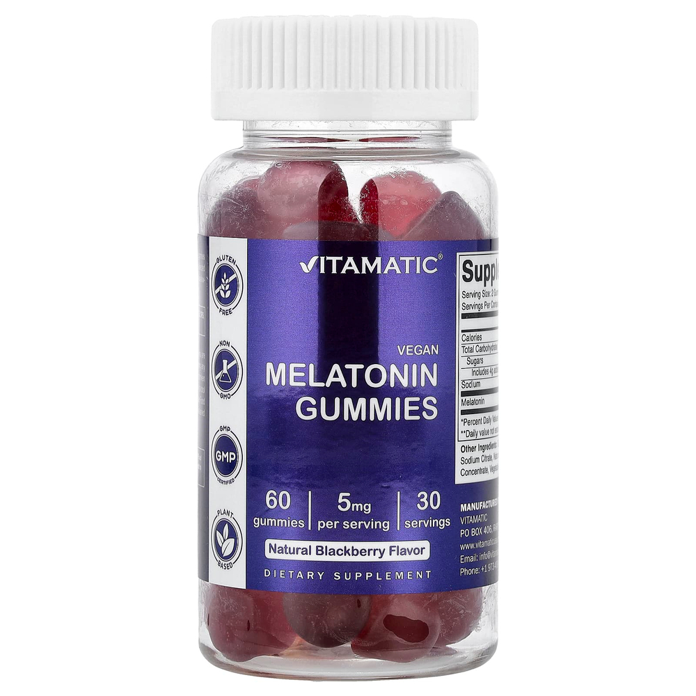 Vitamatic, веганские жевательные таблетки с мелатонином, со вкусом натуральной ежевики, 60 жевательных таблеток (2,5 мг в 1 жевательной таблетке)
