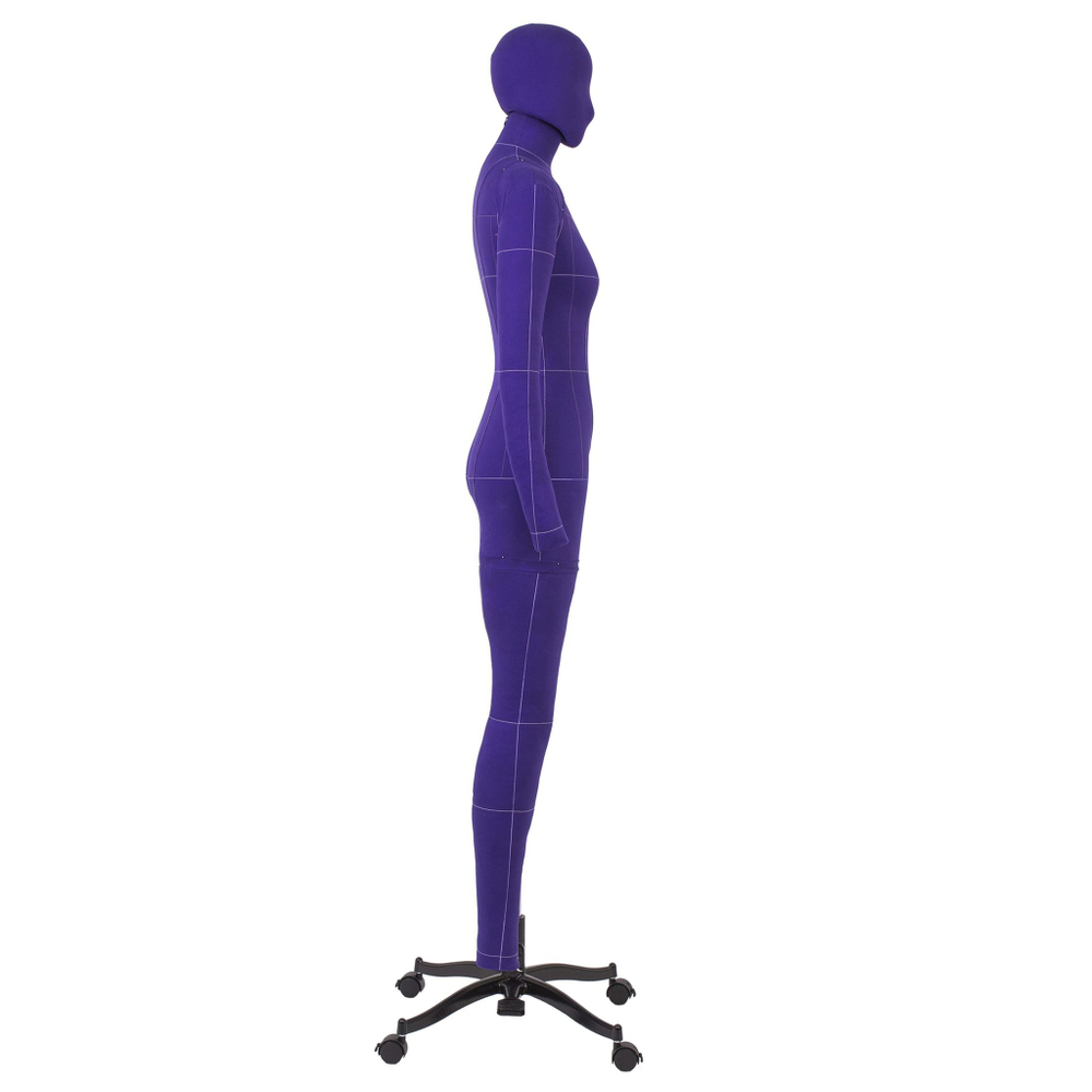 Манекен портновский Моника, комплект Арт, размер 42, цвет фиолетовый, в комплекте накладки, руки, нога и голова. Вид сбоку.