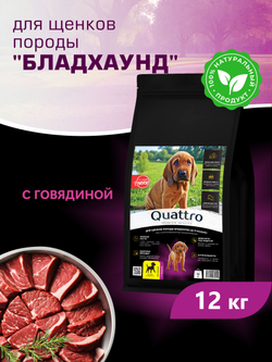 Корм сухой для щенков породы Бладхаунд, с говядиной, 12 кг, QUATTRO