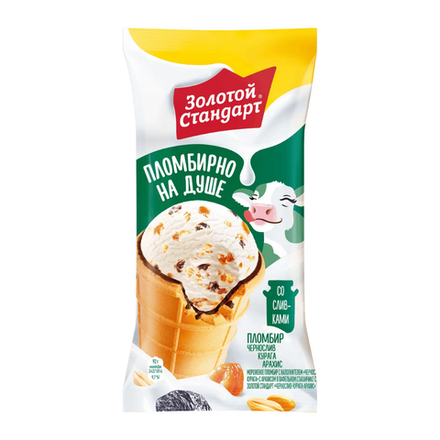Мороженое Золотой Стандарт пломбир с черносливом курагой и арахисом в вафельном стаканчике 92 гр